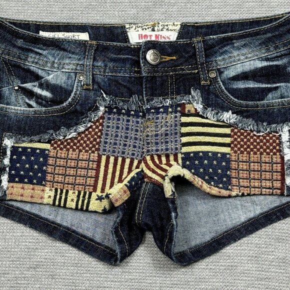 Hot Kiss Womens Blue Denim Cici Short Shorts Flag Patchwork Low Rise Size 3 - Picture 3 of 13